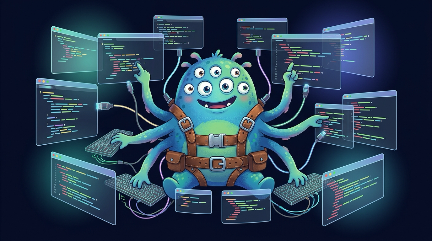 The MonsterFlow mascot — a friendly six-armed coding monster wearing a leather harness, each arm typing on a different floating terminal window.